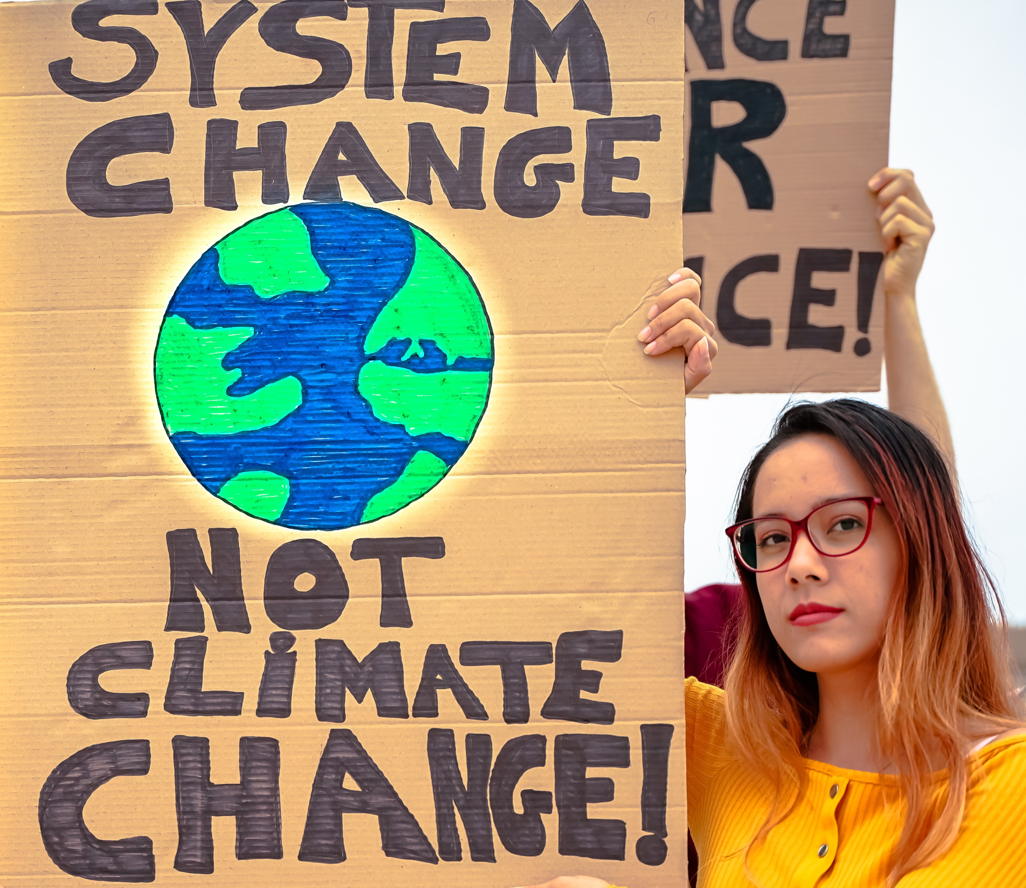 Protester holding a sign that reads system change not climate change
