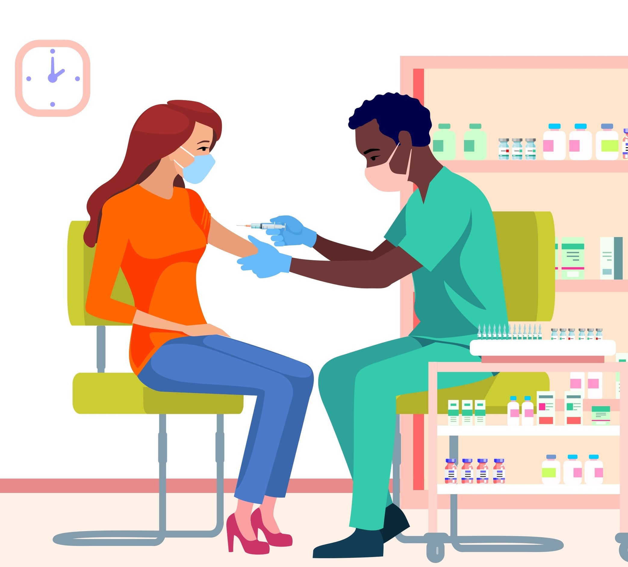 Cartoon graphic of a doctor giving a woman a vaccine