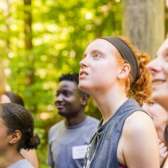 A group of young adults are standing in a forest, looking up in awe and wonder. The focus is on a young woman with red hair and a black headband